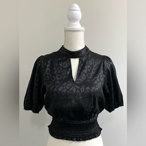 Bellamie Womens S Solid Black Keyhole High Neck ShortSleeve Satin Top Maximalist